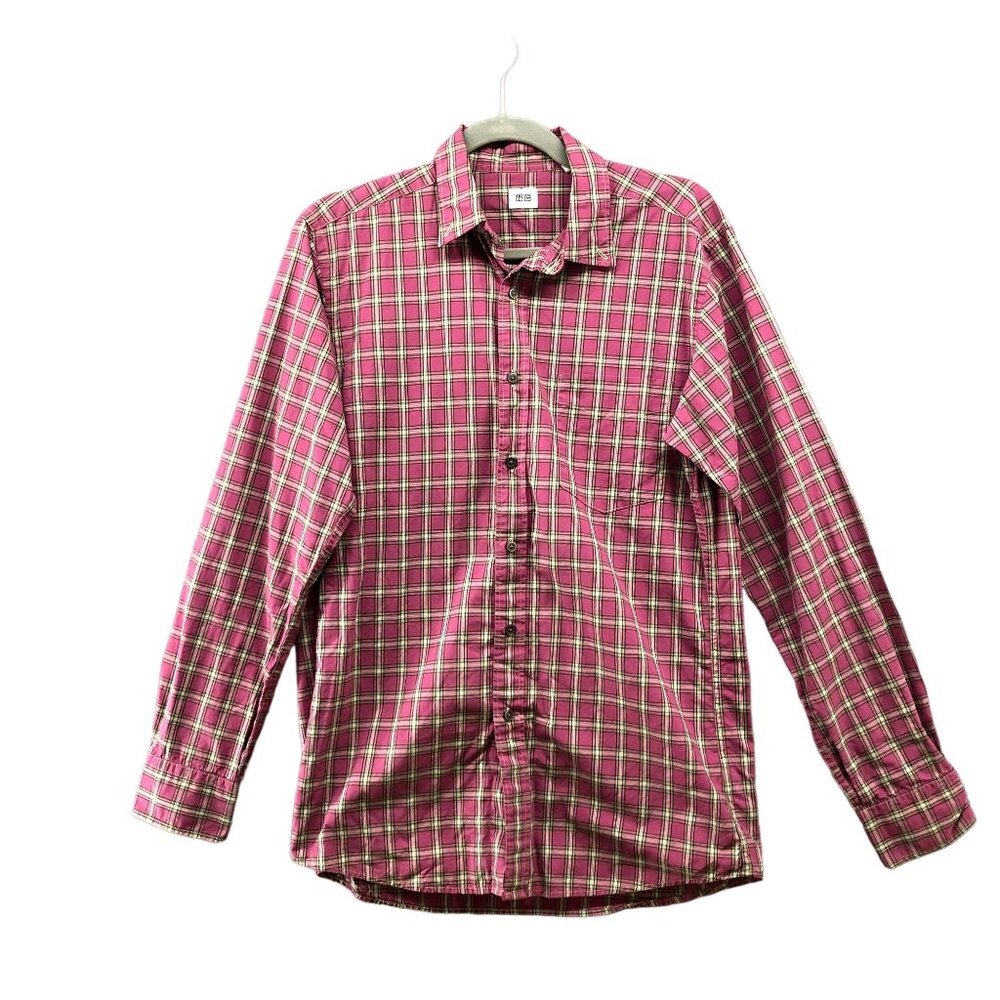 Uniqlo Button Down Shirt Mens S Pink Check Plaid Long Sleeve Cotton